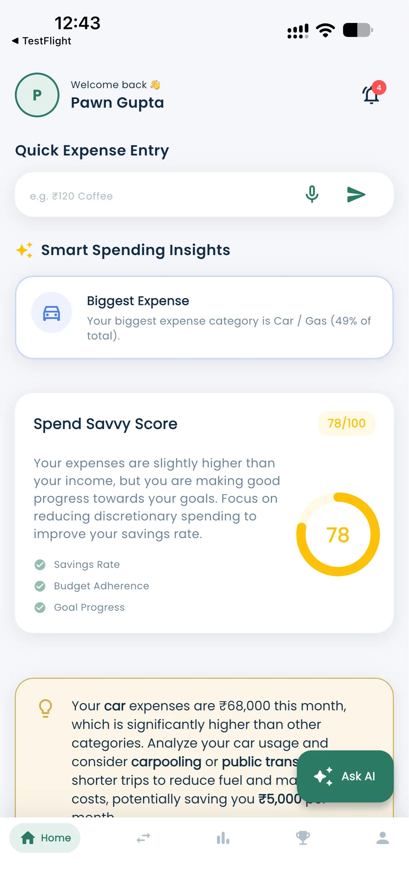 Spend Savvy home dashboard